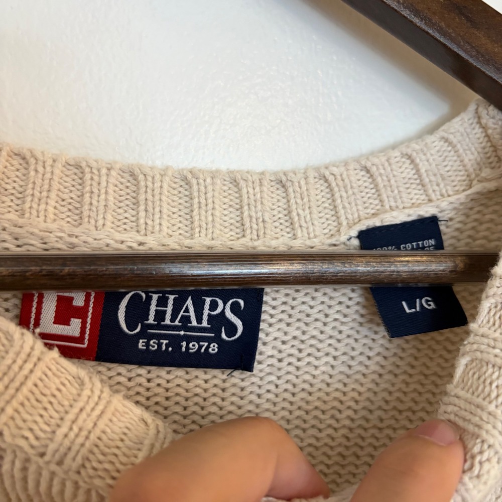 Chaps Mens Crewneck Sweater Large Beige Cotton Knit Long Sleeve Crest Logo L